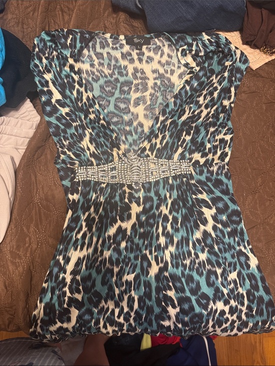 Sky Tops - Sky Teal Black White Leopard V-Neck Top with Bejeweled Waist
